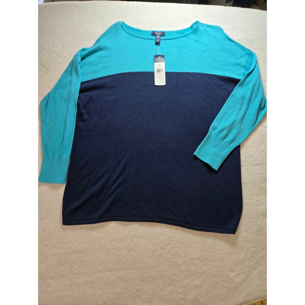 Chaps Woman Colorblock Sweater Navy Turquoise Blue Cotton Modal 2X NEW